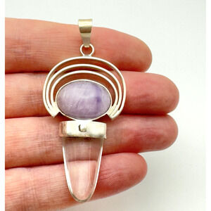 Sterling Silver Purple Stone Pendant Clear Stone Architectural Modern